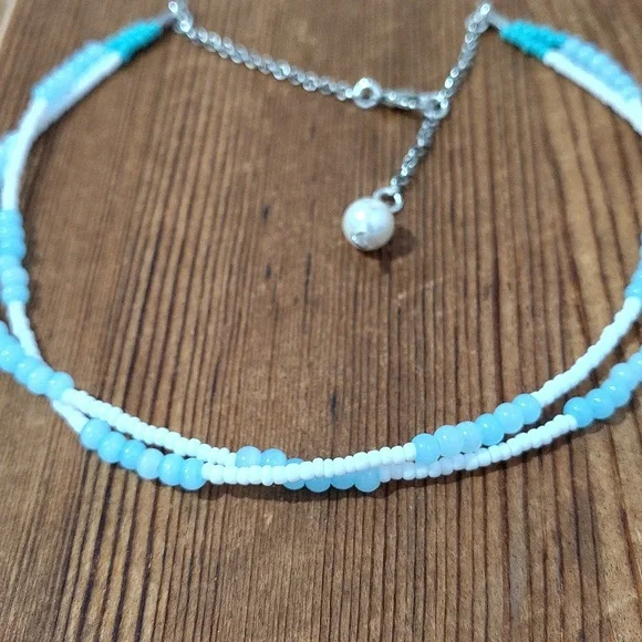 Ladies Choker Style Beach Beaded Necklace, Handmade, White and Blue, 16 Inches - Picture 3 of 4